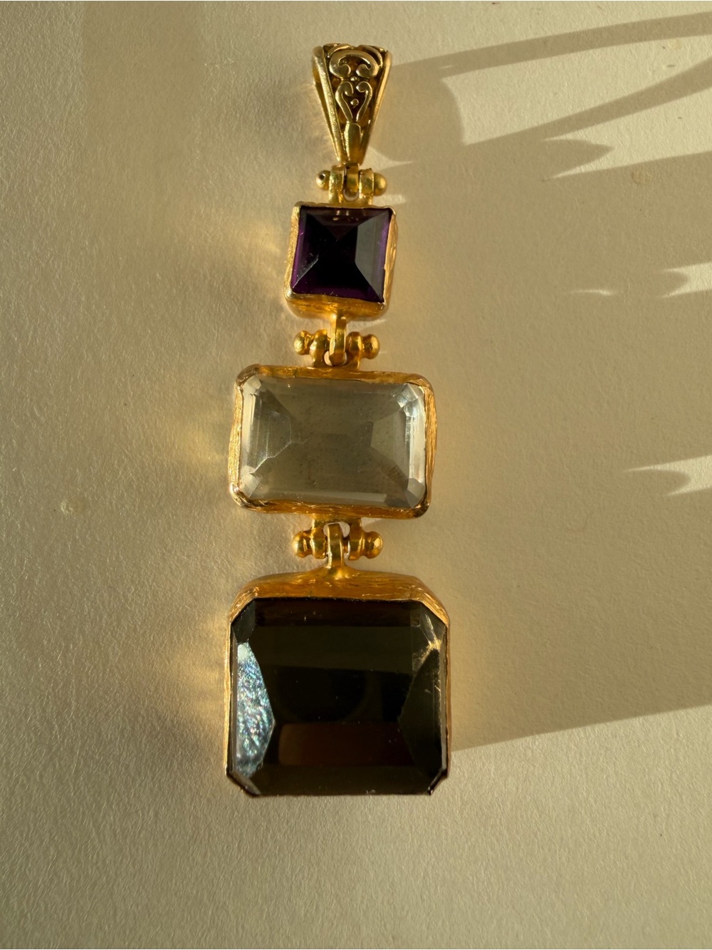 Gold-Tone Pendant with Amethyst, Clear and Smoky Gemstones